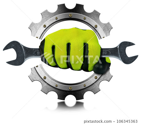 Gloved Hand Holding a Steel Wrench on a Metal Gear Isolated on White. 106345363