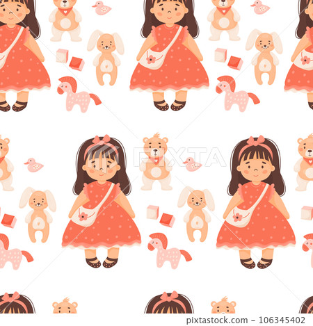 Cute kids seamless pattern. Children toys. Pretty girl doll in red dress with plush toys teddy bear and rabbit, horse, cubes and duck on white background. Vector illustration in cartoon style. Cute kids seamless pattern. Children toys. Pretty girl doll in red dress with plush toys teddy bear and rabbit, horse, cubes and duck on white background. Vector illustration in cartoon style. 106345402