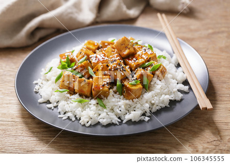 plate of rice and fried tofu with sesame seeds 106345555