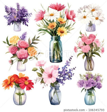 watercolor painting of wild flowers, buds and leaves 106345793