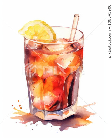 Glass of tea watercolor illustration - Generative AI. Glass of tea watercolor illustration - Generative AI. 106345906