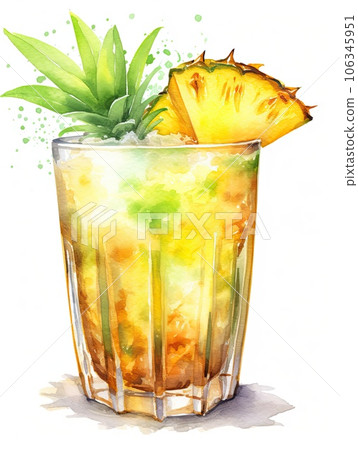 Glass of pineapple juice watercolor illustration - Generative AI. 106345951
