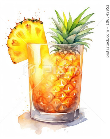 Glass of pineapple juice watercolor illustration - Generative AI. 106345952