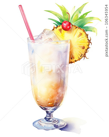 Glass of pina colada watercolor illustration - Generative AI. 106345954