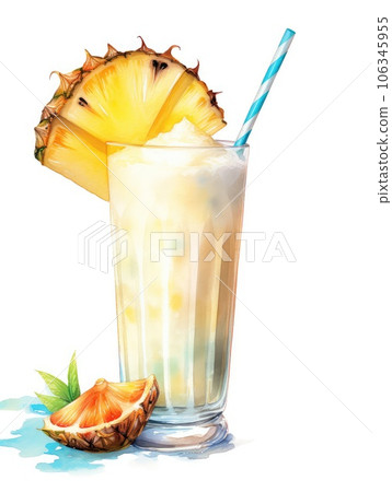 Glass of pina colada watercolor illustration - Generative AI. 106345955