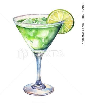 Glass of margarita watercolor illustration - Generative AI. Glass of margarita watercolor illustration - Generative AI. 106345980