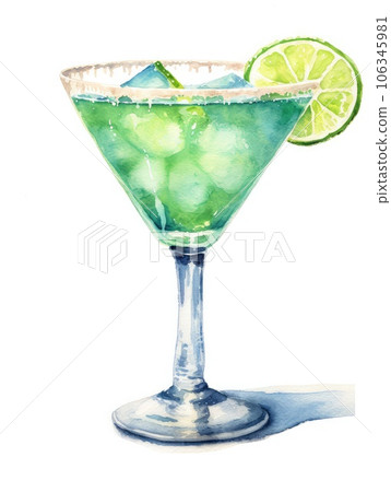 Glass of margarita watercolor illustration - Generative AI. 106345981