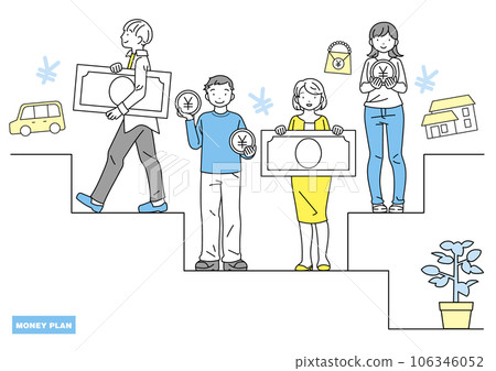 Men and women with money thinking of what they want 106346052