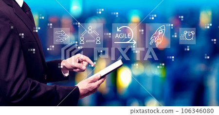 Agile concept with businessman using a tablet computer Agile concept with businessman using a tablet computer 106346080
