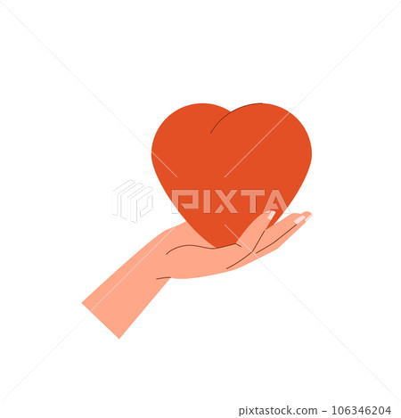 Womans hand hold red heart. Valentines day. Concept of sharing love, donating, care. Vector illustration in flat design Womans hand hold red heart. Valentines day. Concept of sharing love, donating, care. Vector illustration in flat design 106346204