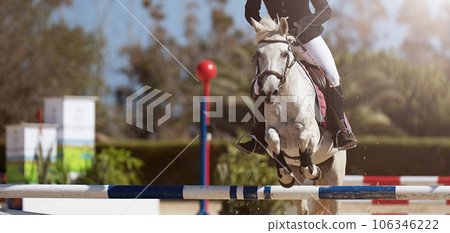 Jockey on her horse leaping over a hurdle, jumping over hurdle on competition Jockey on her horse leaping over a hurdle, jumping over hurdle on competition 106346222