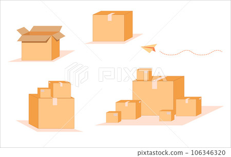 Realistic mock up set of paper parcels box, cardboard, post boxes. From side, front, top view open and closed. Parcel packaging 106346320