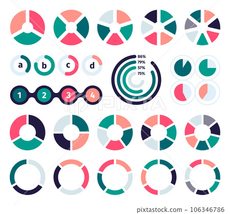 Pie chart set. Circle slices for different percent, round pies for 2, 3, 4 and 6 sections, pie charts for statistics and information presentation. Vector collection Pie chart set. Circle slices for different percent, round pies for 2, 3, 4 and 6 sections, pie charts for statistics and information presentation. Vector collection 106346786