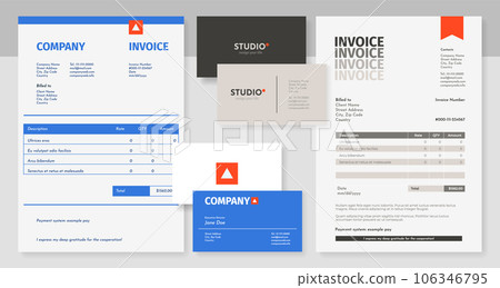 Invoice and business card design. Abstract corporate letterhead templates with id and logo, company blank and card mockup. Vector set 106346795