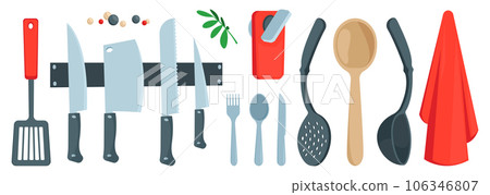 Cartoon cutlery set. Kitchen utensils spoon fork knife ladle strainer spatula, spatula with hole, flat cooking tools. Vector isolated set Cartoon cutlery set. Kitchen utensils spoon fork knife ladle strainer spatula, spatula with hole, flat cooking tools. Vector isolated set 106346807
