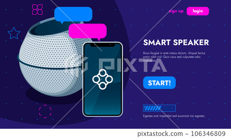Smart speaker concept. Future voice control device for home and office, AI connected speaker with music and phone apps. Vector illustration Smart speaker concept. Future voice control device for home and office, AI connected speaker with music and phone apps. Vector illustration 106346809