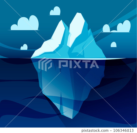 Iceberg background. Winter landscape with floating ice mountain, cartoon sea under the arctic glacier, cold water undersea scene. Vector illustration 106346813