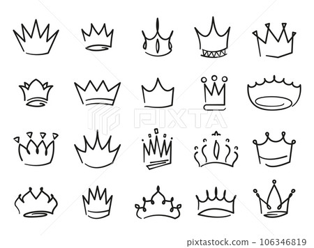 Doodle crowns. Medieval royal crowns with inscriptions and calligraphy, hand drawn luxury jewel monarch icons for logo design. Vector set 106346819