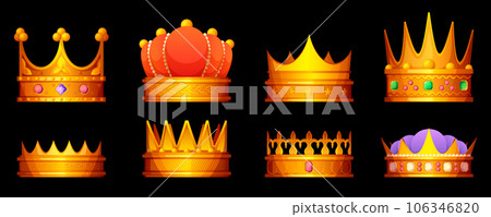Golden crown collection. Cartoon royal crowns with jewels, luxury monarchy nobility coronation headdress concept flat style. Vector isolated set 106346820