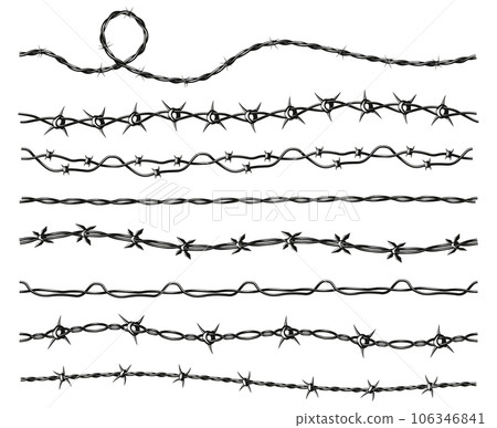 Barb wire. Security boundary fence with barbed wire, prison protect line and confinement, danger warning sign. Vector illustration 106346841