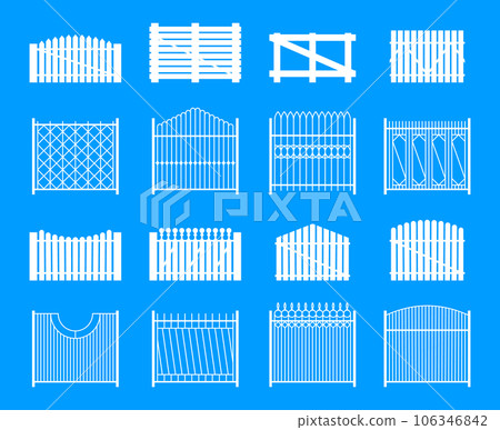 Fence silhouette set. Horizontal garden board fence, wooden picket and plank structure, retro rural security boundaries. Vector isolated collection Fence silhouette set. Horizontal garden board fence, wooden picket and plank structure, retro rural security boundaries. Vector isolated collection 106346842