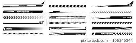 Black racing stripes. Modern race modification mark, elegant futuristic techno decals for bike car and motorcycle. Vector set Black racing stripes. Modern race modification mark, elegant futuristic techno decals for bike car and motorcycle. Vector set 106346844