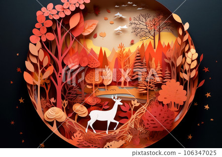 Round nature winter composition in a paper cut style design with deers and snowy forest 106347025