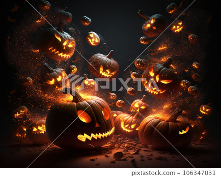 Cartoon illustration with glowing carved pumpkins on the background of roots and branches of trees without foliage Cartoon illustration with glowing carved pumpkins on the background of roots and branches of trees without foliage 106347031
