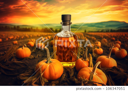 Beautiful glass bottle of pumpkin oil with orange and green pumpkins are standing on ground in field 106347051