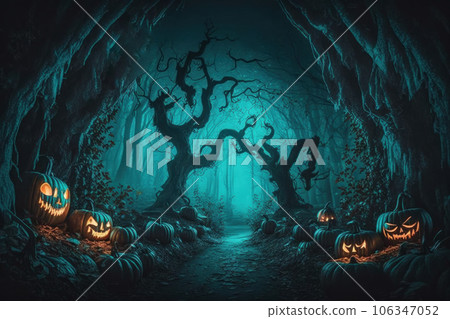 Cartoon illustration with glowing carved pumpkins on the background of roots and branches 106347052