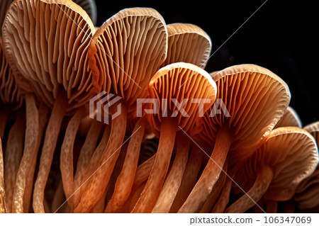 Extreme close up of mushrooms in the rays of the sun 106347069