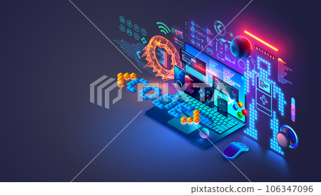 Child create code of program for control robot on laptop, phone on programming language. Kids educational of computer game technology, robotics, engineering. Programming game AI robot in stem school. 106347096