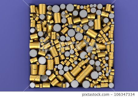 Pile of spray paint cans on violet background. Spray bottle and dispenser Pile of spray paint cans on violet background. Spray bottle and dispenser 106347334