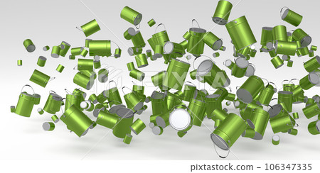 Many of flying metal cans or buckets on white background. Many of flying metal cans or buckets on white background. 106347335