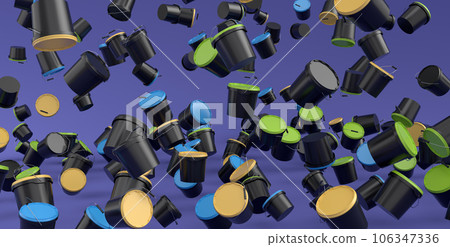 Many of flying plastic cans or buckets on violet background. Many of flying plastic cans or buckets on violet background. 106347336