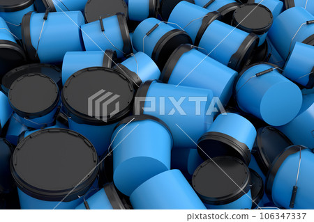 Pile of blue plastic cans or buckets on white background. 106347337