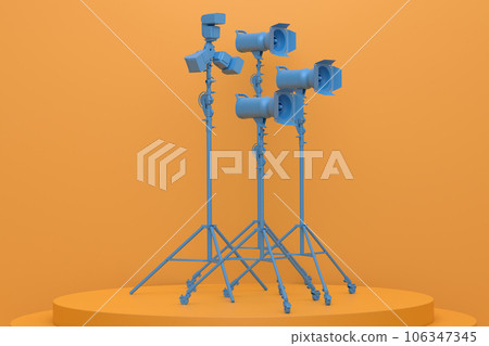Abstract scene with photography studio flash on a lighting stand on monochrome 106347345