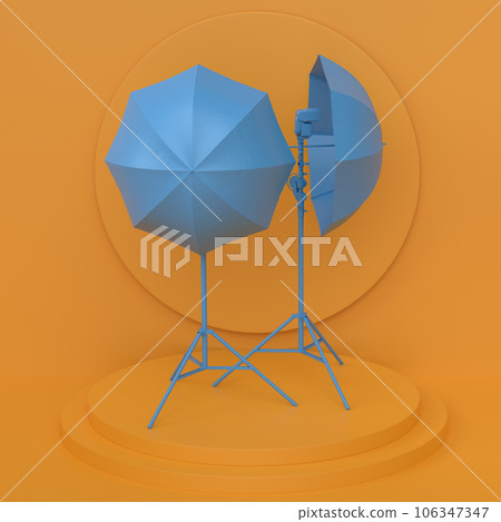Abstract scene with photography studio flash on a lighting stand on monochrome Abstract scene with photography studio flash on a lighting stand on monochrome 106347347