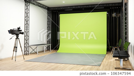 Studio room camera Modern Film Studio with blank green Screen. Studio room camera Modern Film Studio with blank green Screen. 106347594