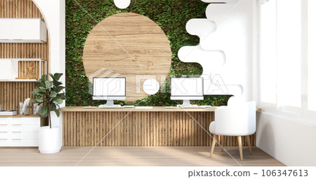 Computer on desk and office tools on table in concrete room and room white wall. 3D rendering Computer on desk and office tools on table in concrete room and room white wall. 3D rendering 106347613