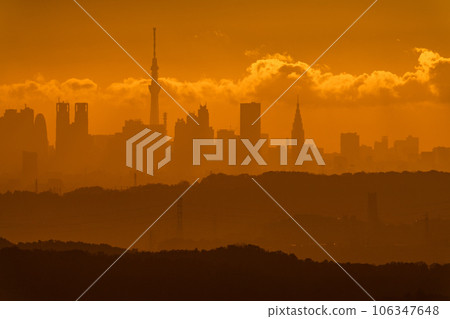 "Tokyo" Dawn of Tokyo, the sun rising from the skyscraper 106347648