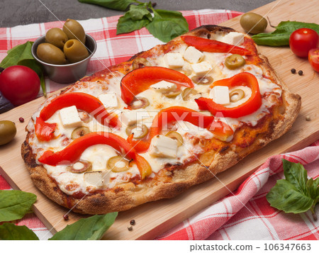 italian pizza with bell pepper, cheese and olives italian pizza with bell pepper, cheese and olives 106347663