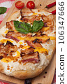 italian pizza with bacon, mozzarella and cheese sauce 106347666