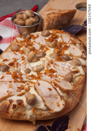 italian pizza with turkey and mushrooms italian pizza with turkey and mushrooms 106347668