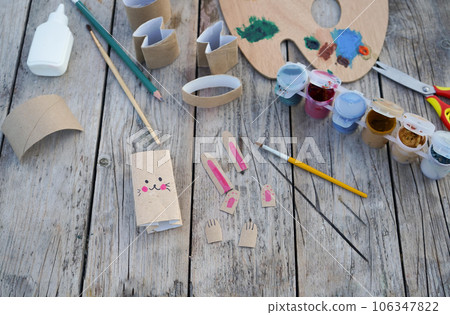 Kids craft bunnies out of recycling toilet paper roll, zero waste concept. Step by step instruction - 5 Kids craft bunnies out of recycling toilet paper roll, zero waste concept. Step by step instruction - 5 106347822