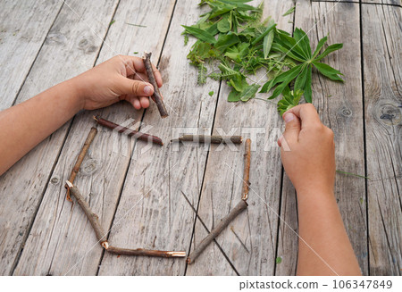 Summer crafts apple made from green leaves and dry sticks. DIY. The development of imagination. step by step 106347849