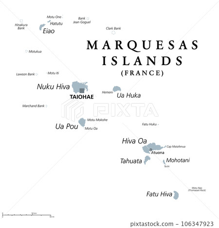 Marquesas Islands gray political map. Group of volcanic islands in French Polynesia. Overseas collectivity of France in the South Pacific Ocean with capital Taiohae on the island of Nuka Hiva. Vector. 106347923