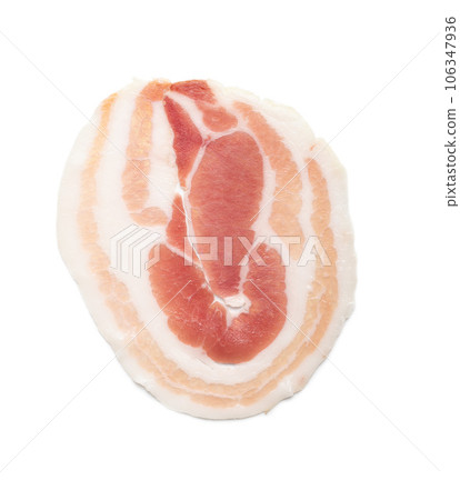 Italian panchetta piancetina. Sliced smoked bacon isolated on white background. 106347936