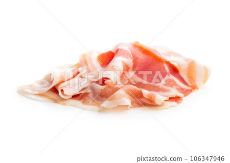 Italian panchetta piancetina. Sliced smoked bacon isolated on white background. Italian panchetta piancetina. Sliced smoked bacon isolated on white background. 106347946