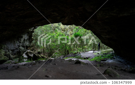 Unidentified Hiker Emerging from Huge Cave into Forest Landscape 106347999